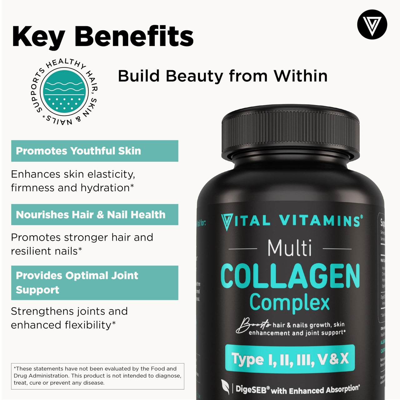 Vital Vitamins Multi Collagen Capsules - Type I, II, III, V, X - Grass-Fed, Collagen Peptides Supplements, Non-GMO - for Men & Women - 150 Count