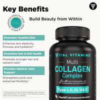 Thumbnail for Vital Vitamins Multi Collagen Capsules - Type I, II, III, V, X - Grass-Fed, Collagen Peptides Supplements, Non-GMO - for Men & Women - 150 Count