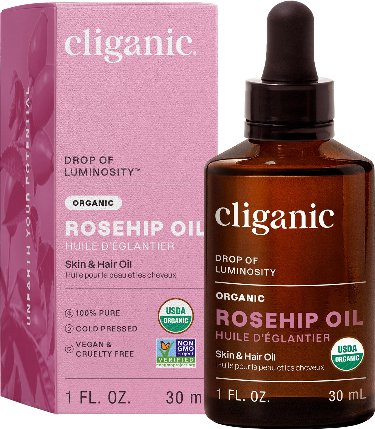 Cliganic Organic Rosehip Seed Oil for Face, 100% Pure | Natural Cold Pressed Unrefined Non-GMO | Carrier Oil for Skin, Hair & Nails
