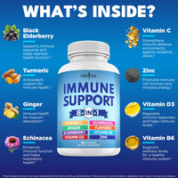Thumbnail for NEW AGE 8 in 1 Immune Support Booster Supplement with Echinacea, Vitamin C and Zinc 50mg, Vitamin D 5000 IU, Turmeric Curcumin & Ginger, B6, Elderberry 120 Count (Pack of 2)