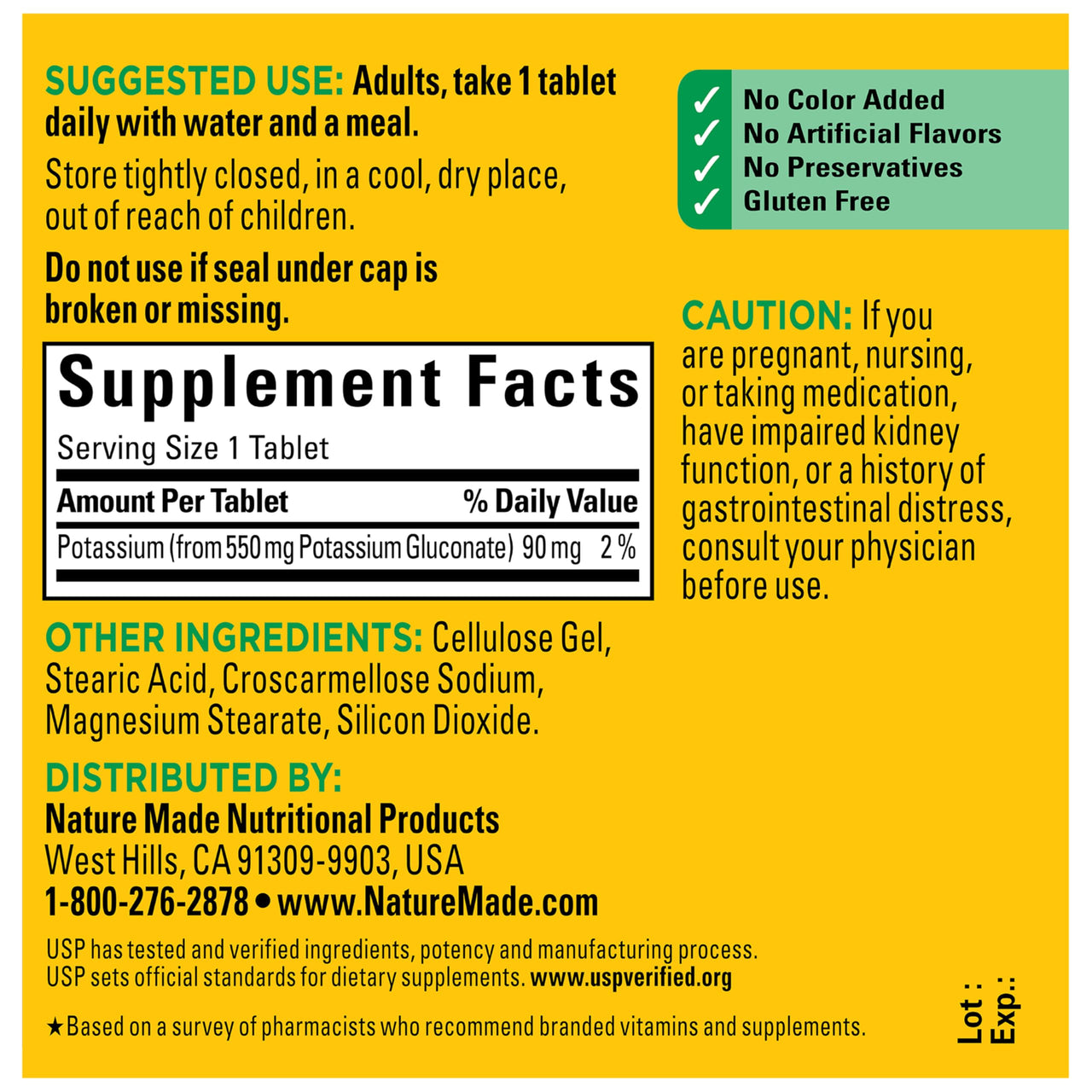 Nature Made Potassium Gluconate 550 mg, Potassium Supplements, Dietary Supplement for Heart Health Support, 100 Tablets, 100 Day Supply