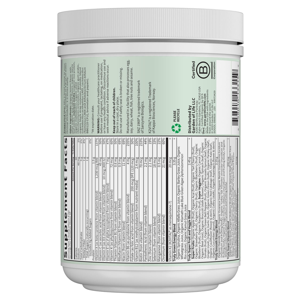 Garden of Life Sport Nutrition Greens and Superfoods Powder for Women and Men - Unflavored, Organic Blend - Spirulina, Fruit, Vitamins, Pre & Probiotics, Mushrooms, Athletic Supplements, 30 Servings