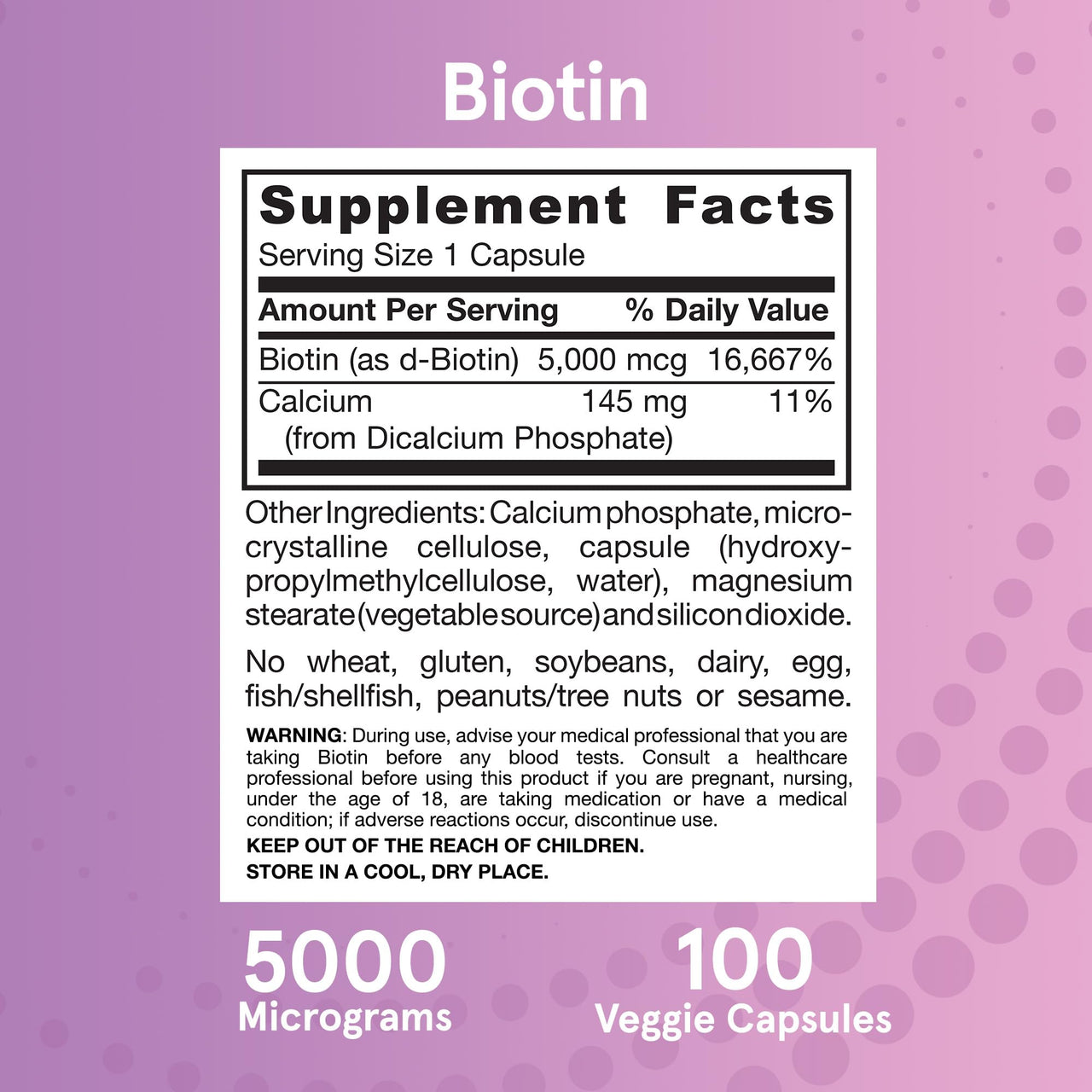 Jarrow Formulas® Biotin Ultra Strength 5000 mcg, Dietary Supplement, Hair, Skin, and Nails Support, 100 Veggie Capsules, Up to 100 Day Supply