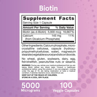 Thumbnail for Jarrow Formulas® Biotin Ultra Strength 5000 mcg, Dietary Supplement, Hair, Skin, and Nails Support, 100 Veggie Capsules, Up to 100 Day Supply