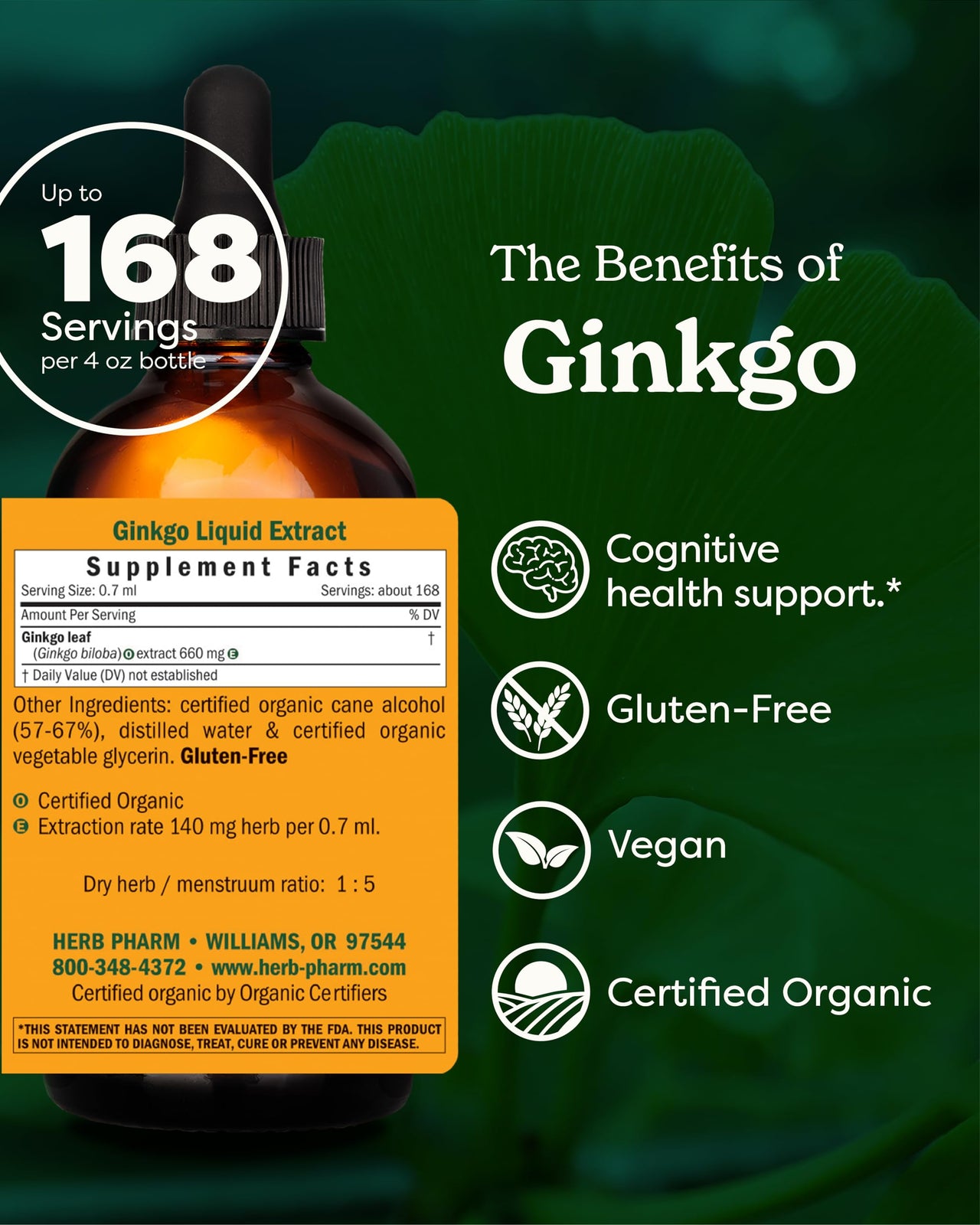 Herb Pharm Certified Organic Ginkgo Liquid Extract for Memory and Concentration - 4 Ounce