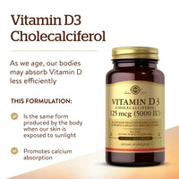Thumbnail for Solgar Vitamin D3 (Cholecalciferol) 125 mcg (5000 IU), 240 Vegetable Capsules - Helps Maintain Healthy Bones & Teeth - Immune System Support - Non-GMO, Gluten Free - 240 Total Servings