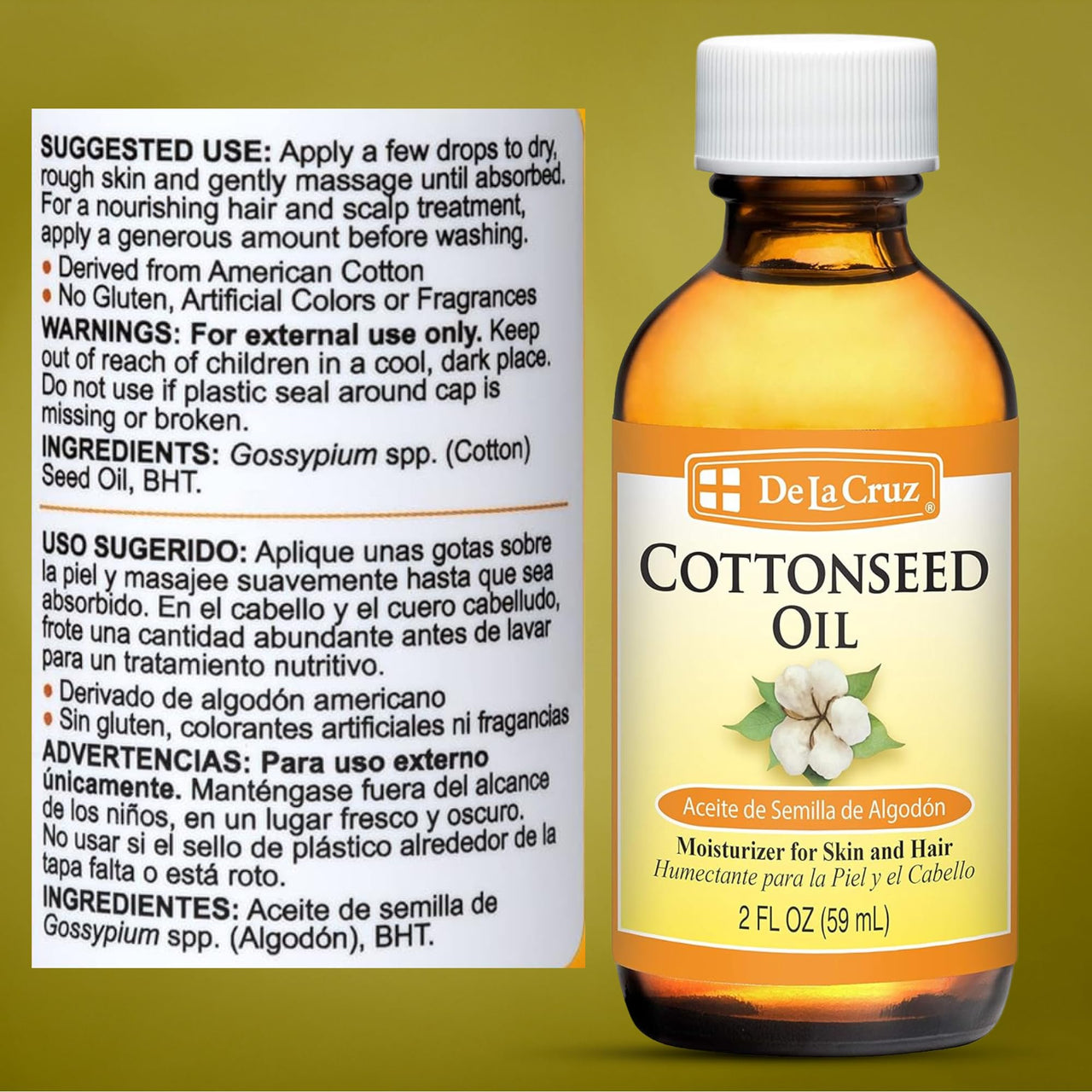 De La Cruz Cottonseed Oil - Moisturizer for Skin and Hair - Multipurpose Carrier Oil - 2 Fl OZ (1 Bottle)
