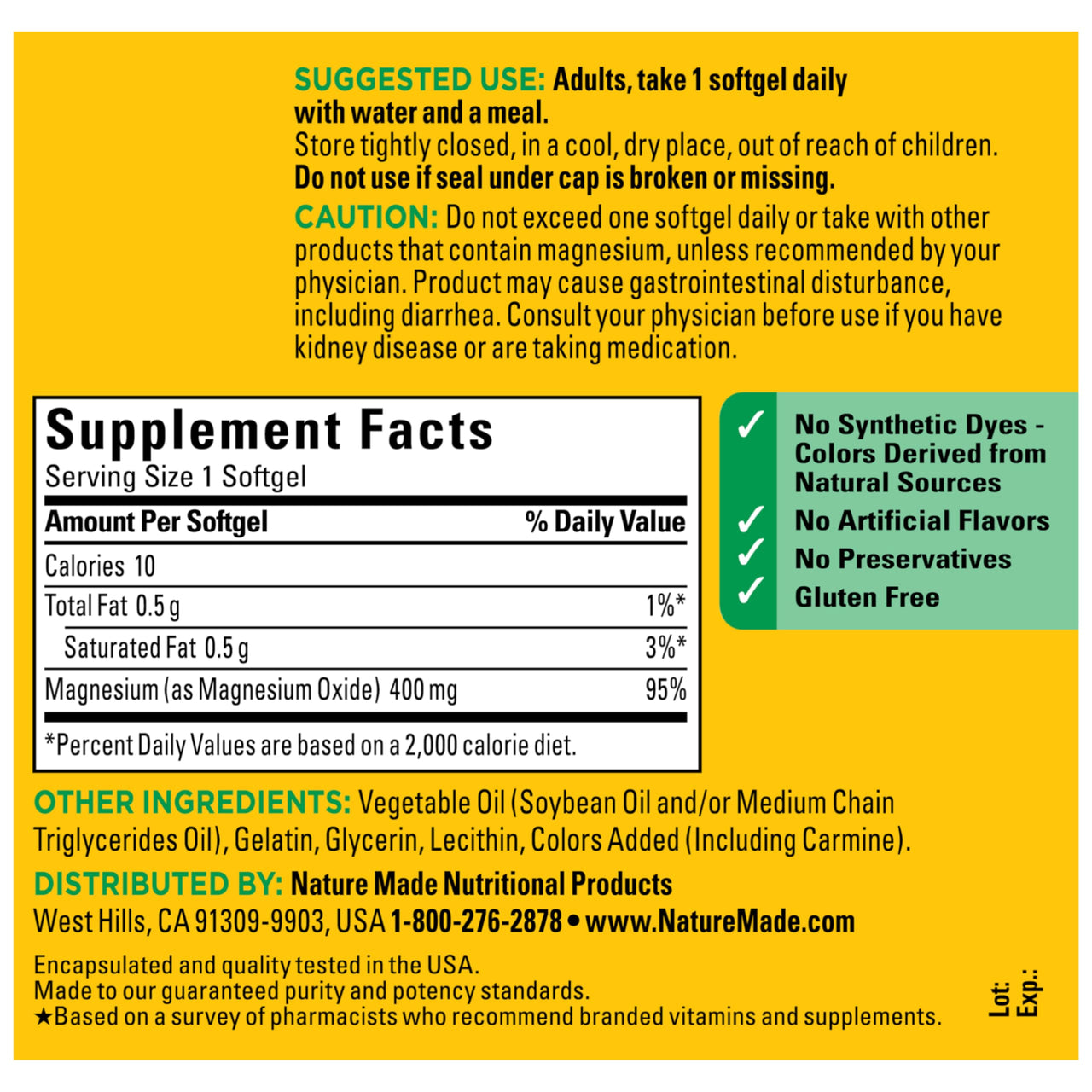 Nature Made Magnesium Oxide 400 mg Softgels, Extra Strength Magnesium Supplements for Men and Women, Support for Muscle, Nerve, Bone and Heart, 110 Day Supply