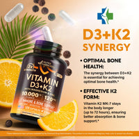 Thumbnail for Vitamin D3 K2 - Vitamin D3 10000 iu & K2 as MK-7 120 mcg - Immune & Mood Support, for Bone & Teeth Health - with Magnesium, Zinc & Vitamin C & B12 - Highly Bioavailable - Made in USA, 120 Capsules