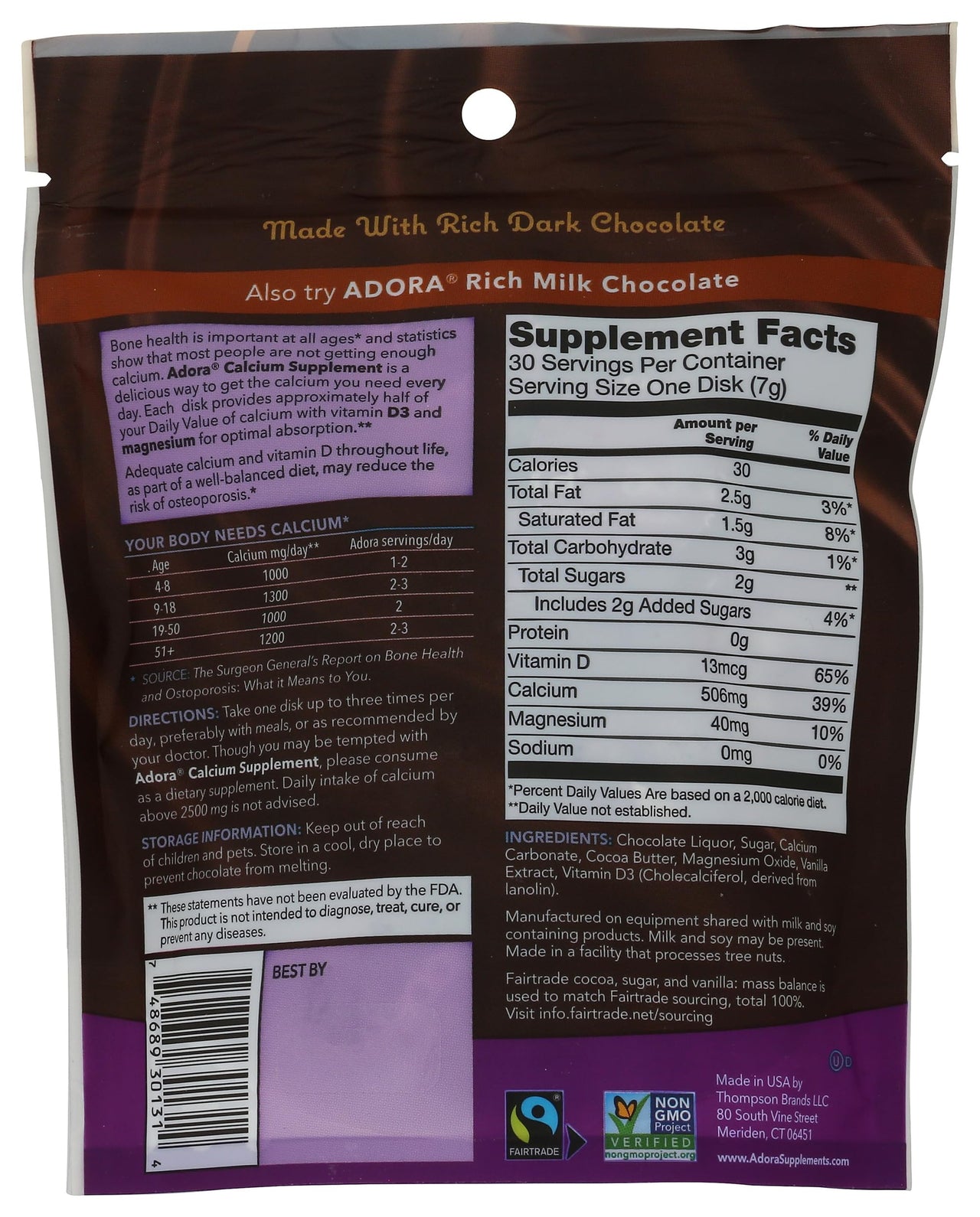 Adora Calcium Supplement Disk, Dark Chocolate, 30 Count - 500 mg