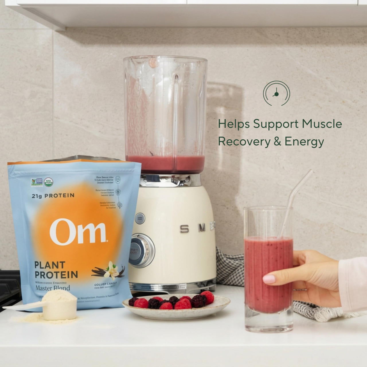OM MUSHROOM SUPERFOOD Master Blend Vegan Protein â€“ Creamy Vanilla Plant Protein with 10 Mushrooms, Ashwagandha, BCAAs & B12 â€“ Energy, Recovery & Immune Support â€“ 1.2 lb (16 Servings)