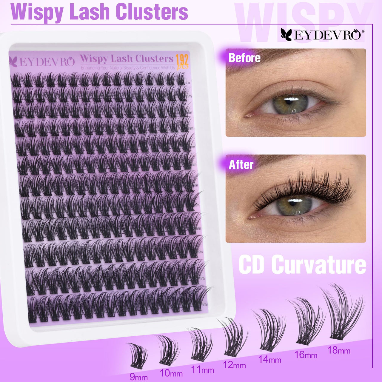 EYDEVRO Wispy Lash Clusters Natural Eyelash Clusters 9-18mm Cluster Eyelash Extensions CD Curvature 192 Pcs Manga Cluster Lashes Individual Lashes DIY Lash Extensions