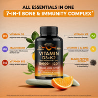 Thumbnail for Vitamin D3 K2 - Vitamin D3 10000 iu & K2 as MK-7 120 mcg - Immune & Mood Support, for Bone & Teeth Health - with Magnesium, Zinc & Vitamin C & B12 - Highly Bioavailable - Made in USA, 120 Capsules