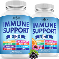 Thumbnail for NEW AGE 8 in 1 Immune Support Booster Supplement with Echinacea, Vitamin C and Zinc 50mg, Vitamin D 5000 IU, Turmeric Curcumin & Ginger, B6, Elderberry 120 Count (Pack of 2)