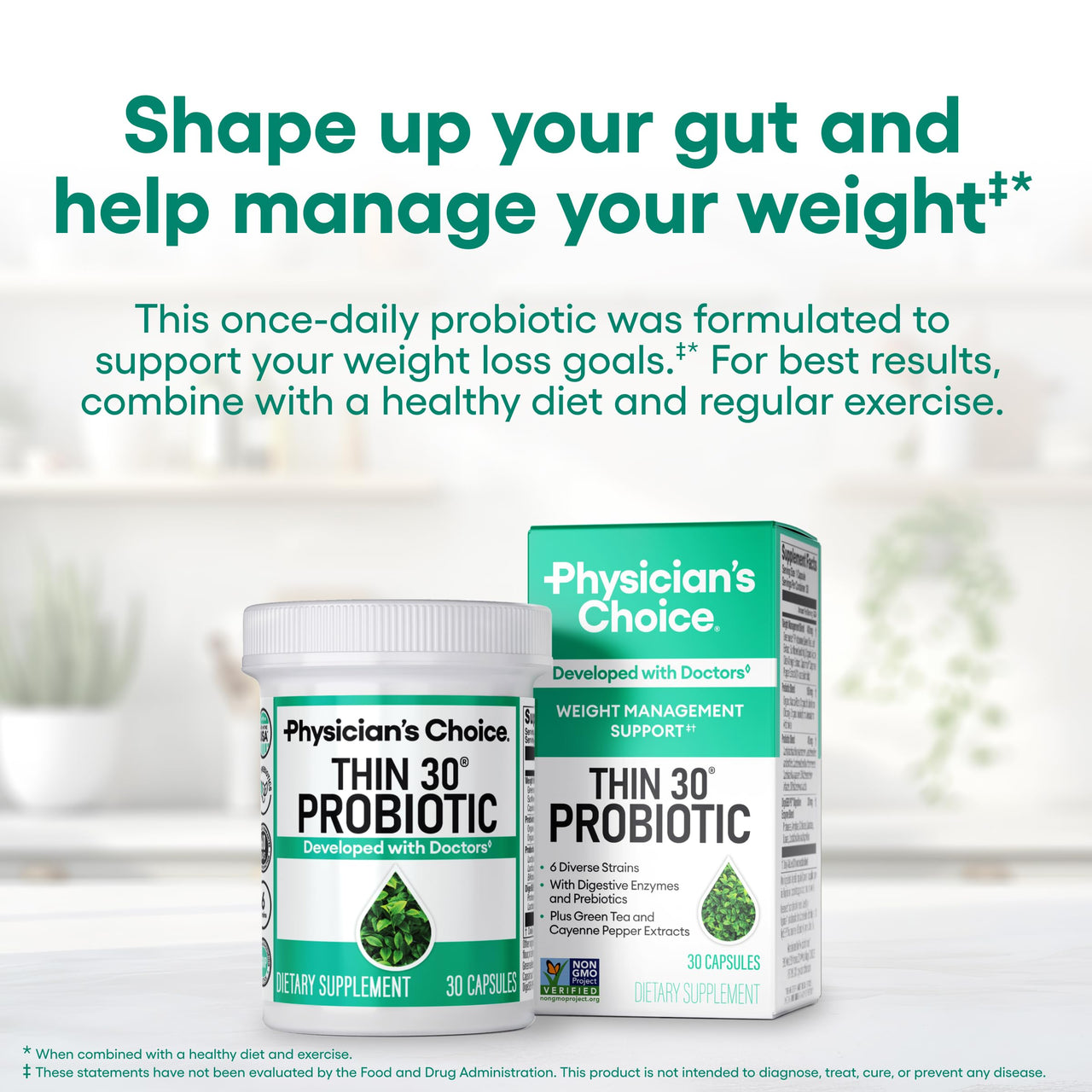 Physician's CHOICE Probiotics for Weight Management & Bloating - 6 Probiotic Strains - Prebiotics - Key ingredient Cayenne - Supports Gut Health - Weight Management for Women & Men - Green Tea - 30 CT
