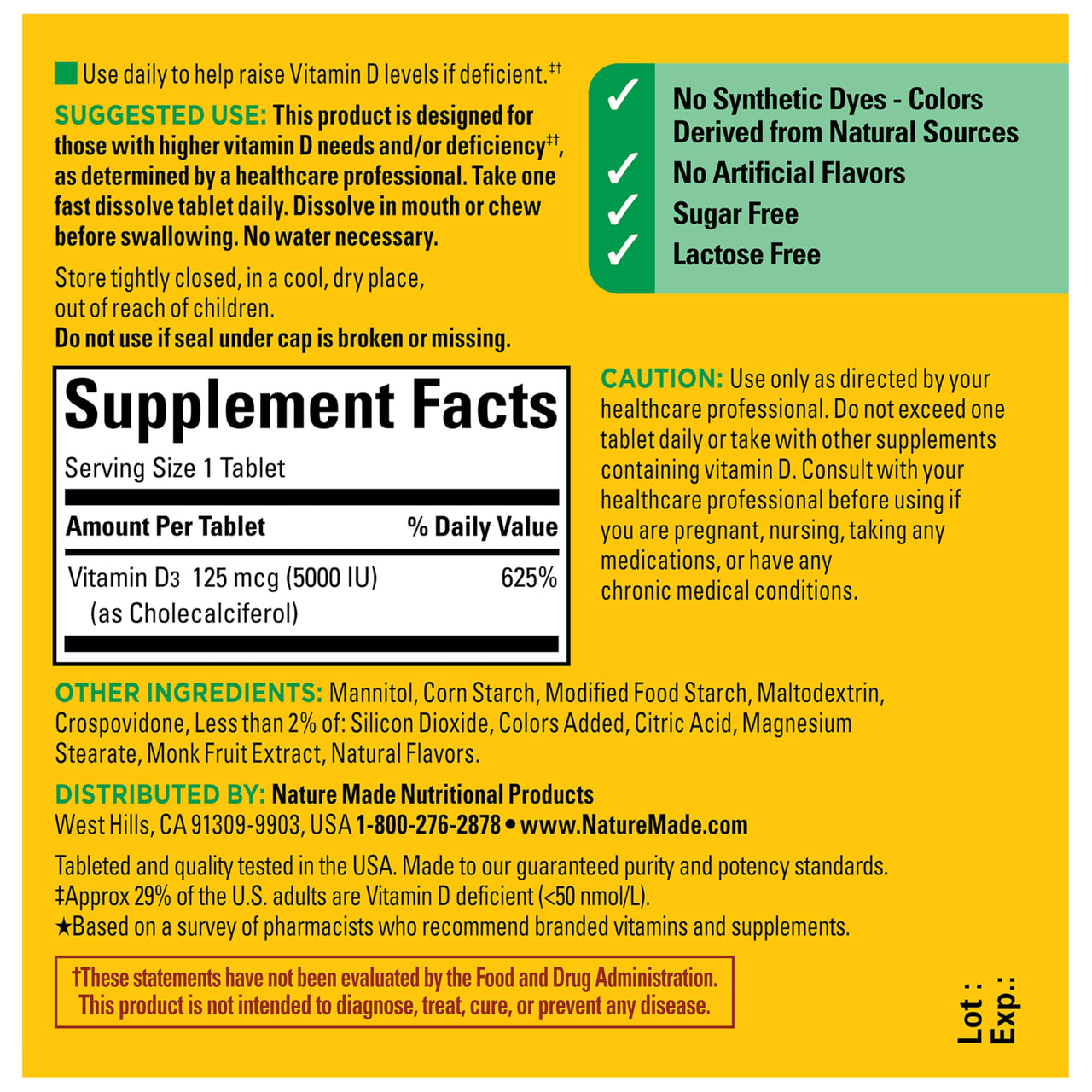 Nature Made Vitamin D3 5000 IU (125 mcg) Extra Strength, Vitamin D Supplement for Immune Support, 70 Sugar Free Fast Dissolve Tablets, 70 Day Supply