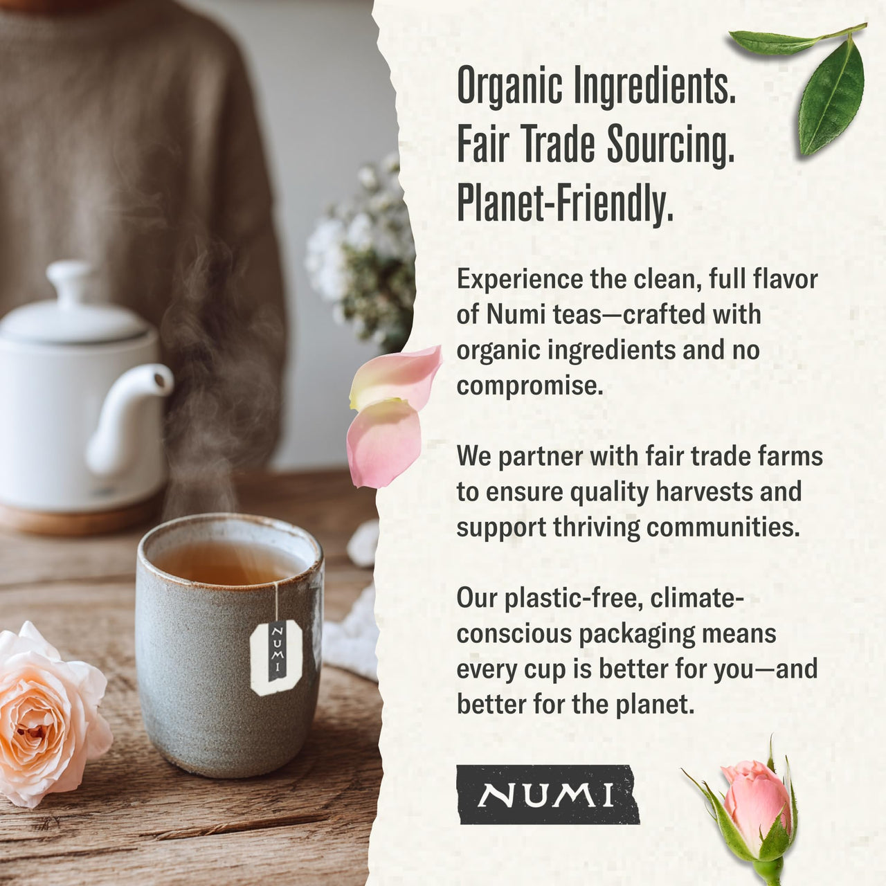 Numi Organic White Rose Tea, 16 Tea Bags, White Tea & Fragrant Rosebuds, Low Caffeine