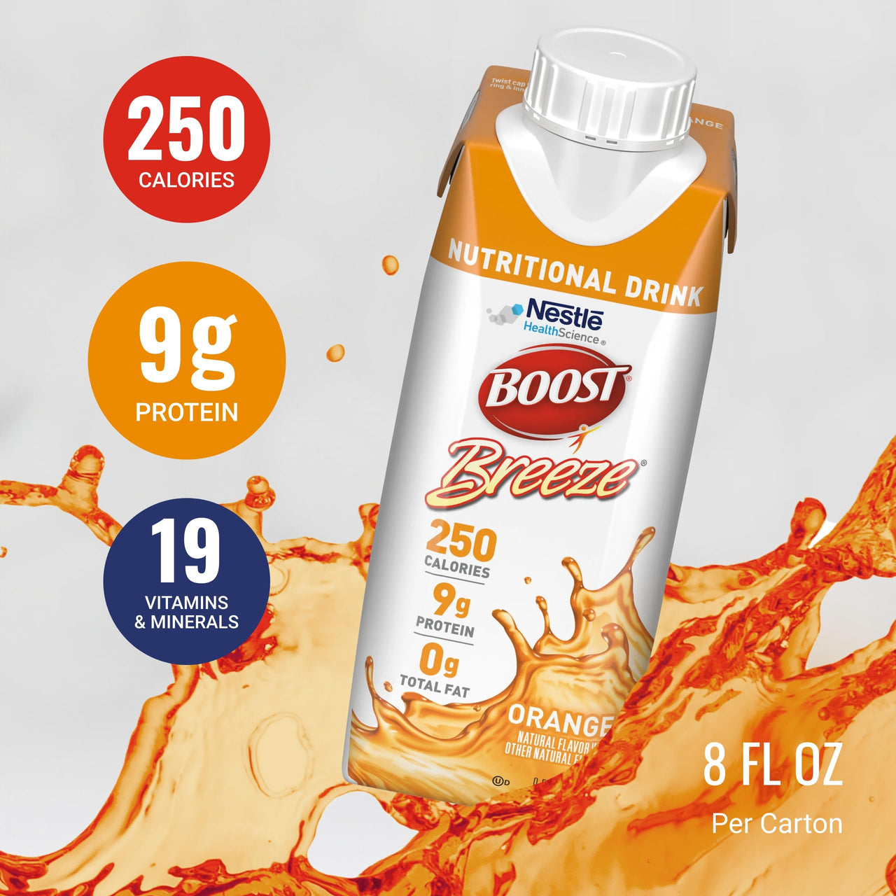 BOOST Breeze Clear Nutritional Drink - 250 Calories - 19 Vitamins & Minerals - 9 g Protein – Fortified Clear with Vitamin A & Zinc - Orange Flavor - 8 fl oz (Pack of 24)