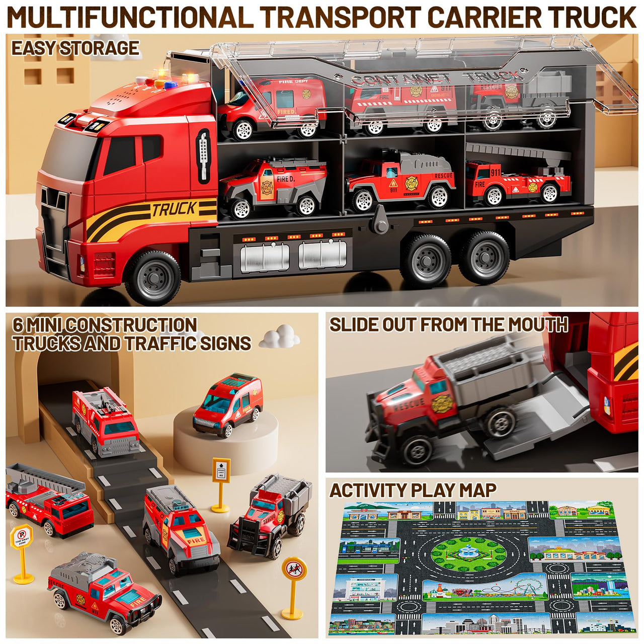 XINNOVEL Carrier Truck Toddlers Toys for 3 4 5 6 7 Years Old Boys, Toy Truck Transport Car & Die-Cast Car and Play Mat, Fire Toys Birthday Gifts for Kids 3 4 5 6 7 8+ Years Old Boys Girls