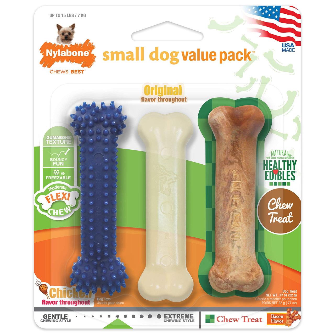 Nylabone Original Bone Flexi Chew Toy for Dogs, Dog Toys for Moderate Chewers, Dog Chew Bones, Chicken & Original Flavor, For X-Small Dogs - Up to 15 lbs, 3 Pack