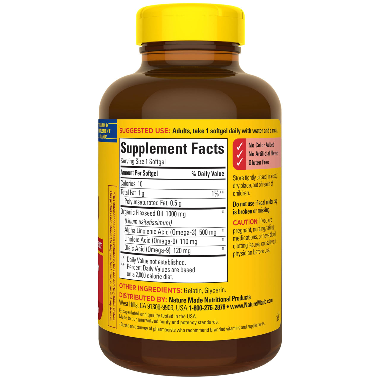 Nature Made Flaxseed Oil 1000 mg, Fish Free Omega 3 Supplement, Dietary Supplement for Heart Health Support, 180 Softgels, 180 Day Supply