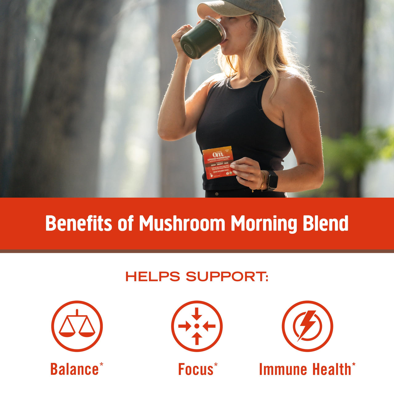 OM MUSHROOM SUPERFOOD Morning Energy Blend – Coffee-Free Mushroom Drink Mix with Cordyceps, Lion’s Mane, Rhodiola & Vitamin D2 – Natural Energy, Focus & Endurance Support – Single Serve (10 Count)