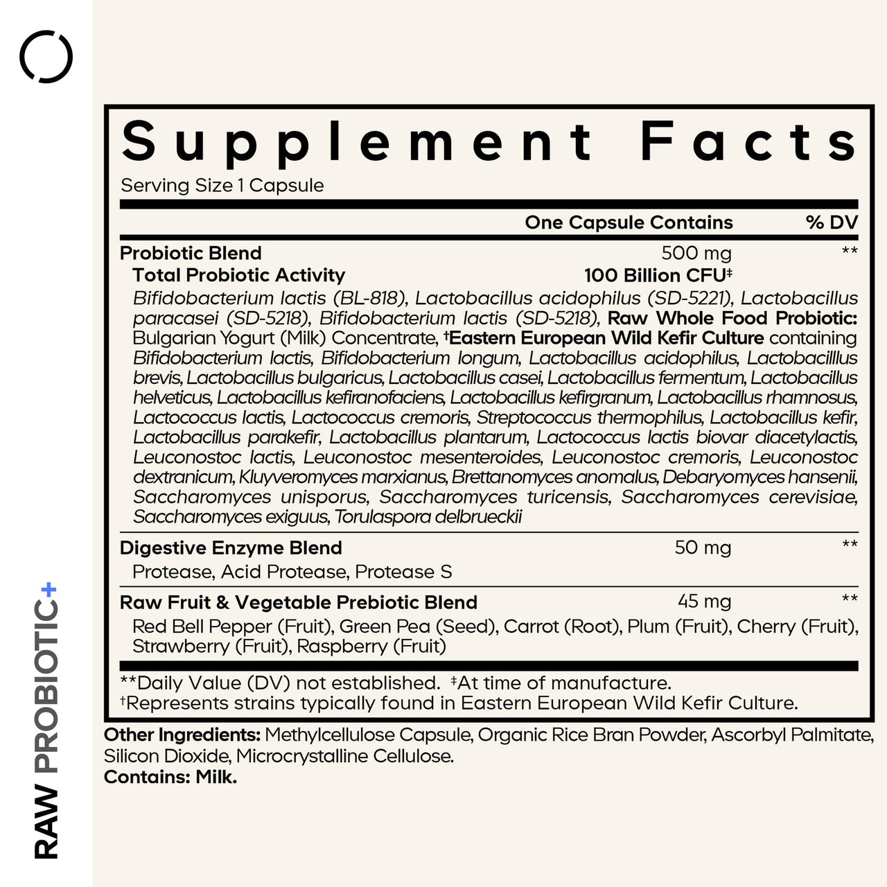 Codeage Raw Probiotic+ Supplement - 34 Probiotic Strains, 100 Billion CFUs, Raw Whole Food Probiotics, Digestive Enzymes, Raw Fruits & Veggies Prebiotics - Wild Kefir Culture - Non-GMO - 30 Capsules