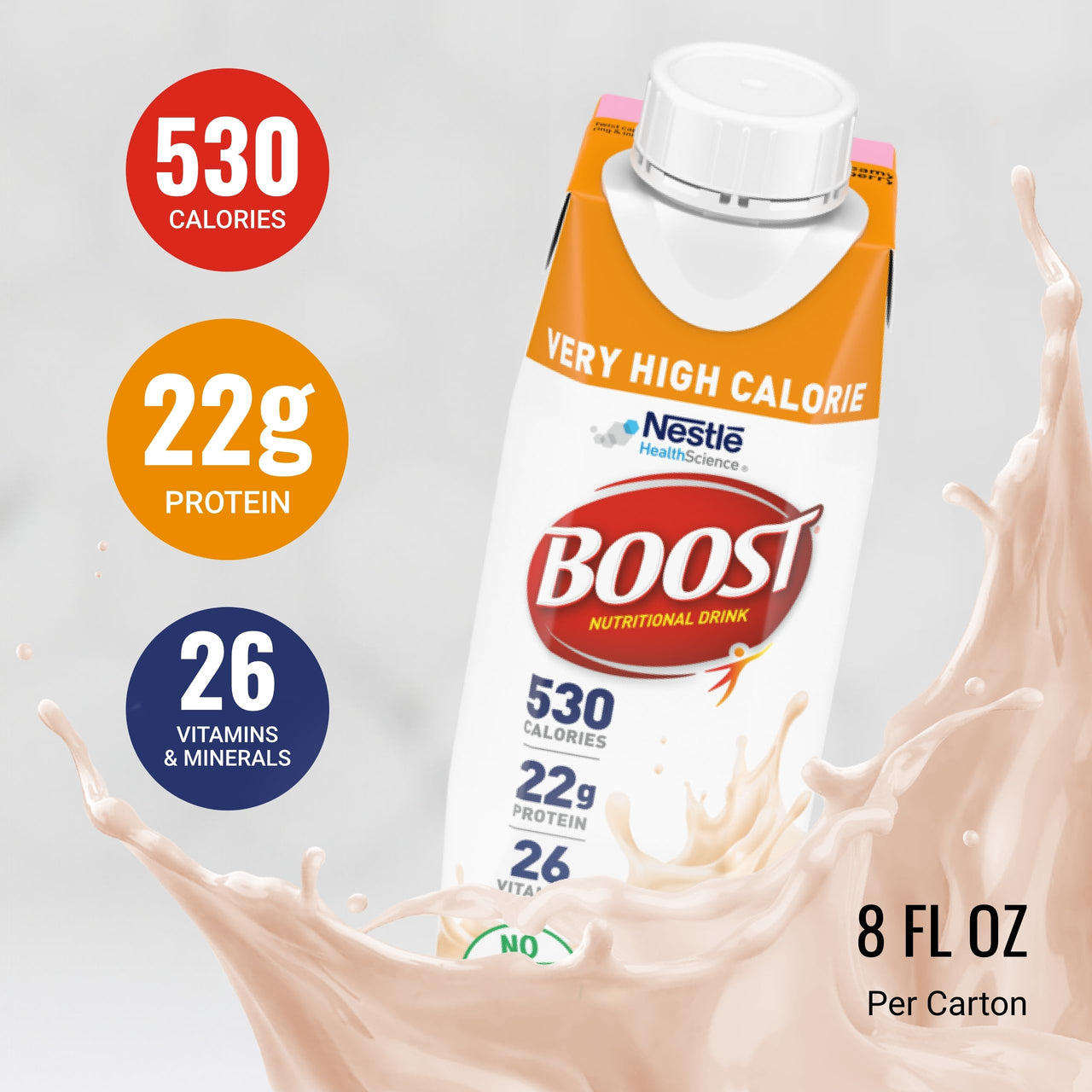 Boost Very High Calorie Strawberry Nutritional Drink – 22g Protein, 530 Nutrient Rich Calories, 8 Fl Oz (Pack of 24)