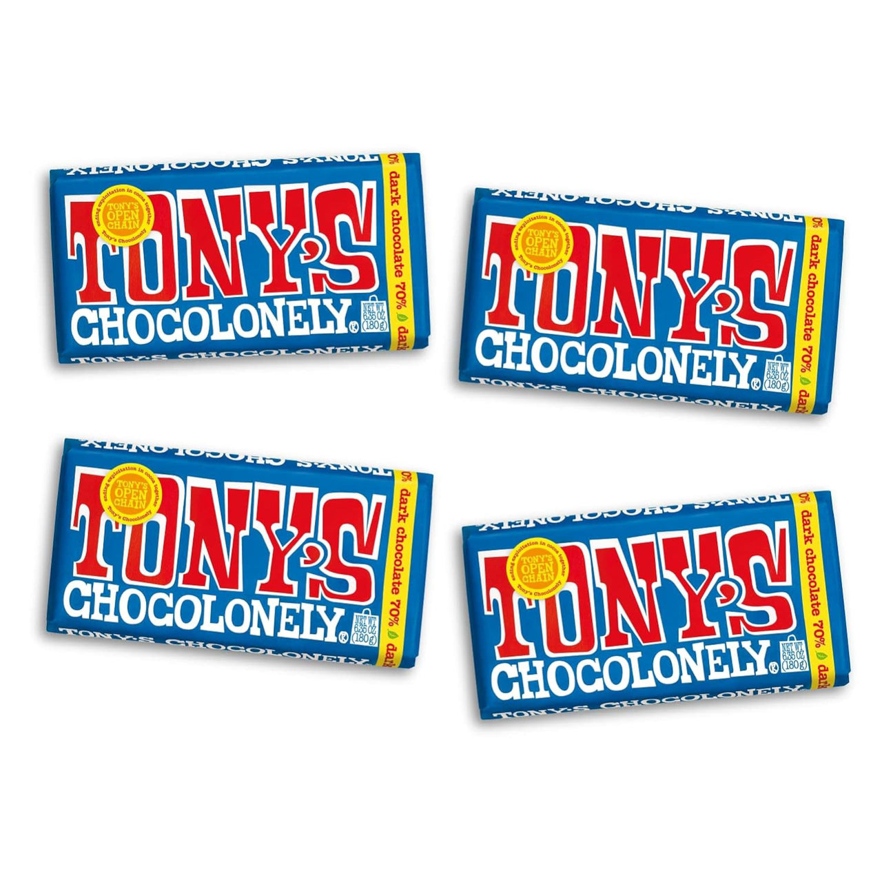 Tony’s Chocolonely Belgian Dark Chocolate, Pure Chocolate Bar for Snacks, Party Favors, Gifts, or Gift Basket, Vegan, 70% Cacao, Made From Quality Fairtrade Cocoa & B Corp Certified 6.35 Oz, 4 Bars
