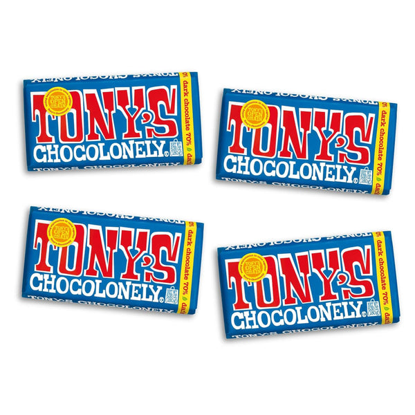 Tony’s Chocolonely Belgian Dark Chocolate, Pure Chocolate Bar for Snacks, Party Favors, Gifts, or Gift Basket, Vegan, 70% Cacao, Made From Quality Fairtrade Cocoa & B Corp Certified 6.35 Oz, 4 Bars