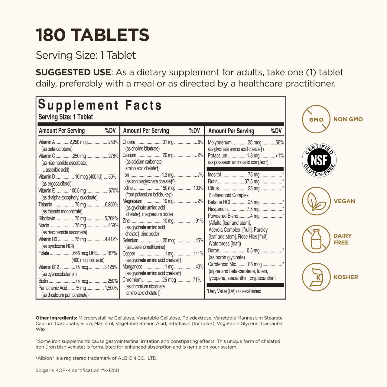 Solgar Formula VM-75, 180 Tablets - Multivitamin with Chelated Minerals - Vitamin A, B6, B12, C, D, E - Biotin, Magnesium, Calcium, Iron, Zinc - Vegan, Gluten Free, Dairy Free, Kosher - 180 Servings