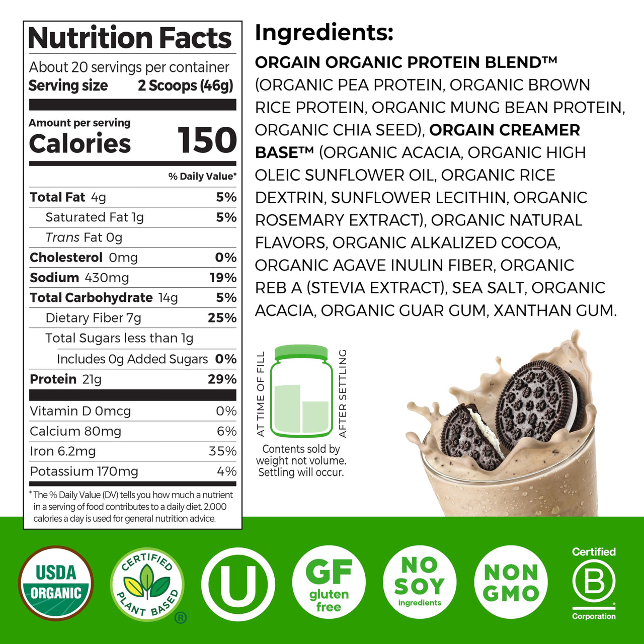 Orgain Organic Vegan Protein Powder, Cookies & Cream - 21g Plant Based Protein, 7g Prebiotic Fiber, Low Net Carb, No Lactose Ingredients, No Added Sugar, Non-GMO, For Shakes & Smoothies, 2.03 lb
