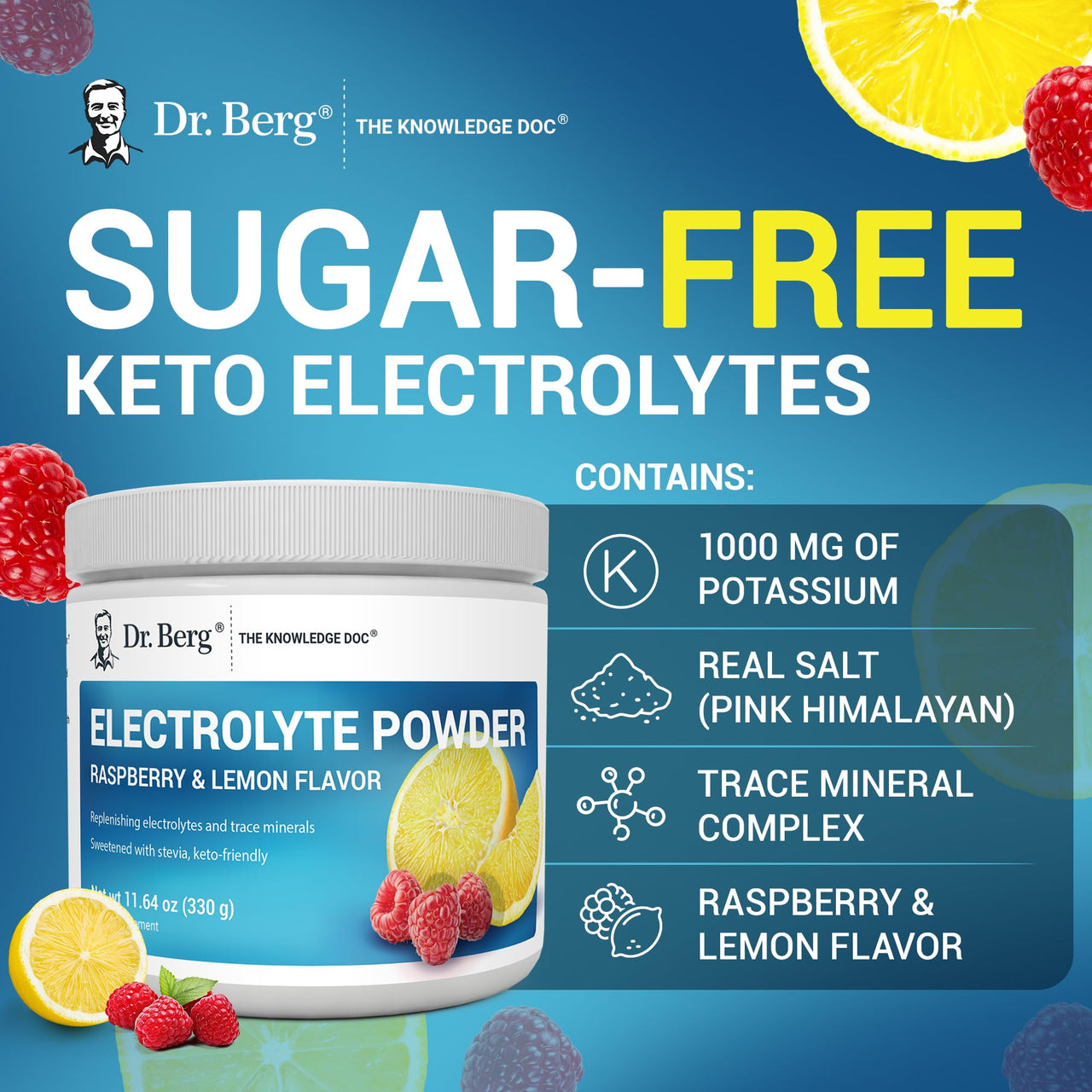 Dr. Berg Zero Sugar Hydration Keto Electrolyte Powder - Enhanced w/ 1000 mg of Potassium & Real Pink Himalayan Salt (NOT Table Salt) - Raspberry & Lemon Flavor Hydration Drink Supplement - 50 Servings