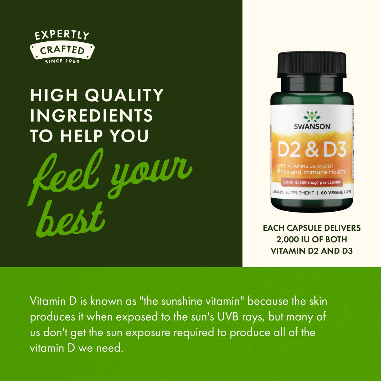 Swanson Vitamin D Complex with Vitamins D2 & D3 - Complete Sunshine Vitamin Complex for Bone, Dental & Immune Health - Vitamin Supplement (50 mcg, 60 Veggie Capsules)