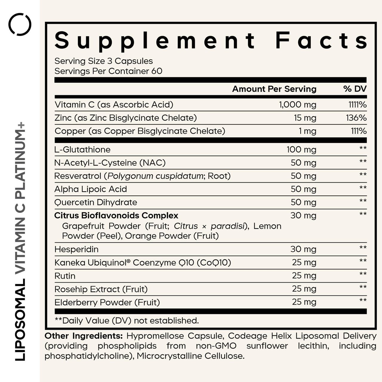 Codeage Liposomal Vitamin C+ Platinum - 1000 Mg Vitamin C Vitamins, Glutathione, NAC (N Acetyl Cysteine), Resveratrol, CoQ10, Rutin, Elderberry, Quercetin, Rosehip, Citrus Bioflavonoids - 180 Capsules
