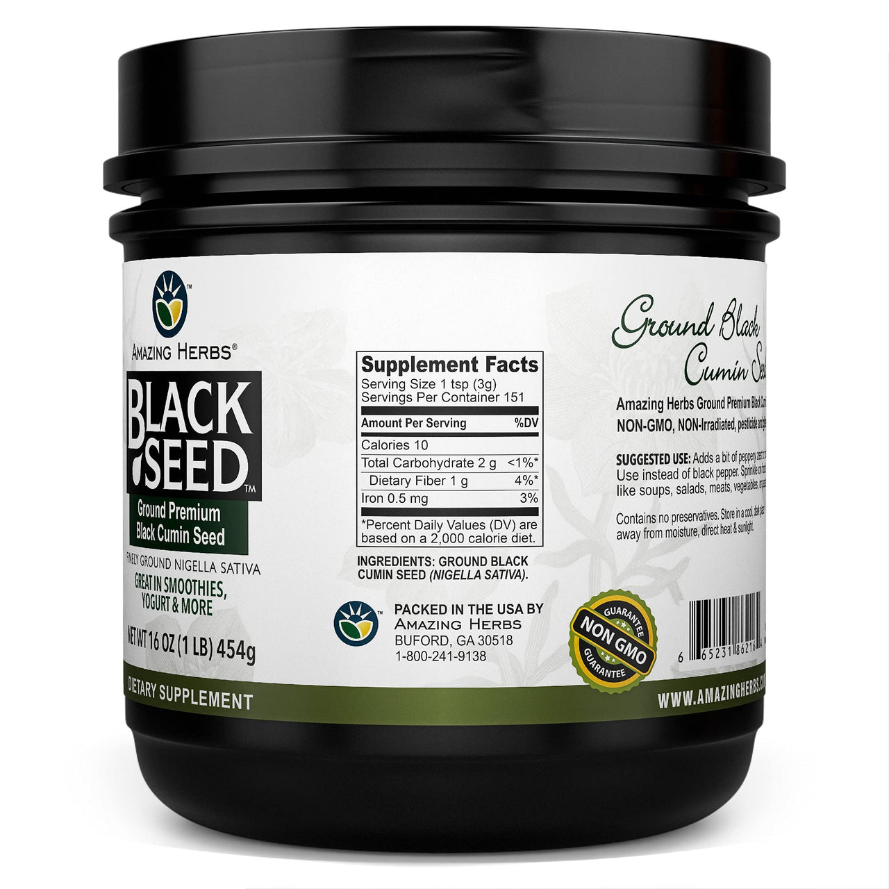 Amazing Herbs Premium Ground Black Cumin Seeds - Finely Ground Nigella Sativa, Gluten Free, Non GMO, Supports Cardiovascular Function & Preserves Digestive Health - 16 Oz