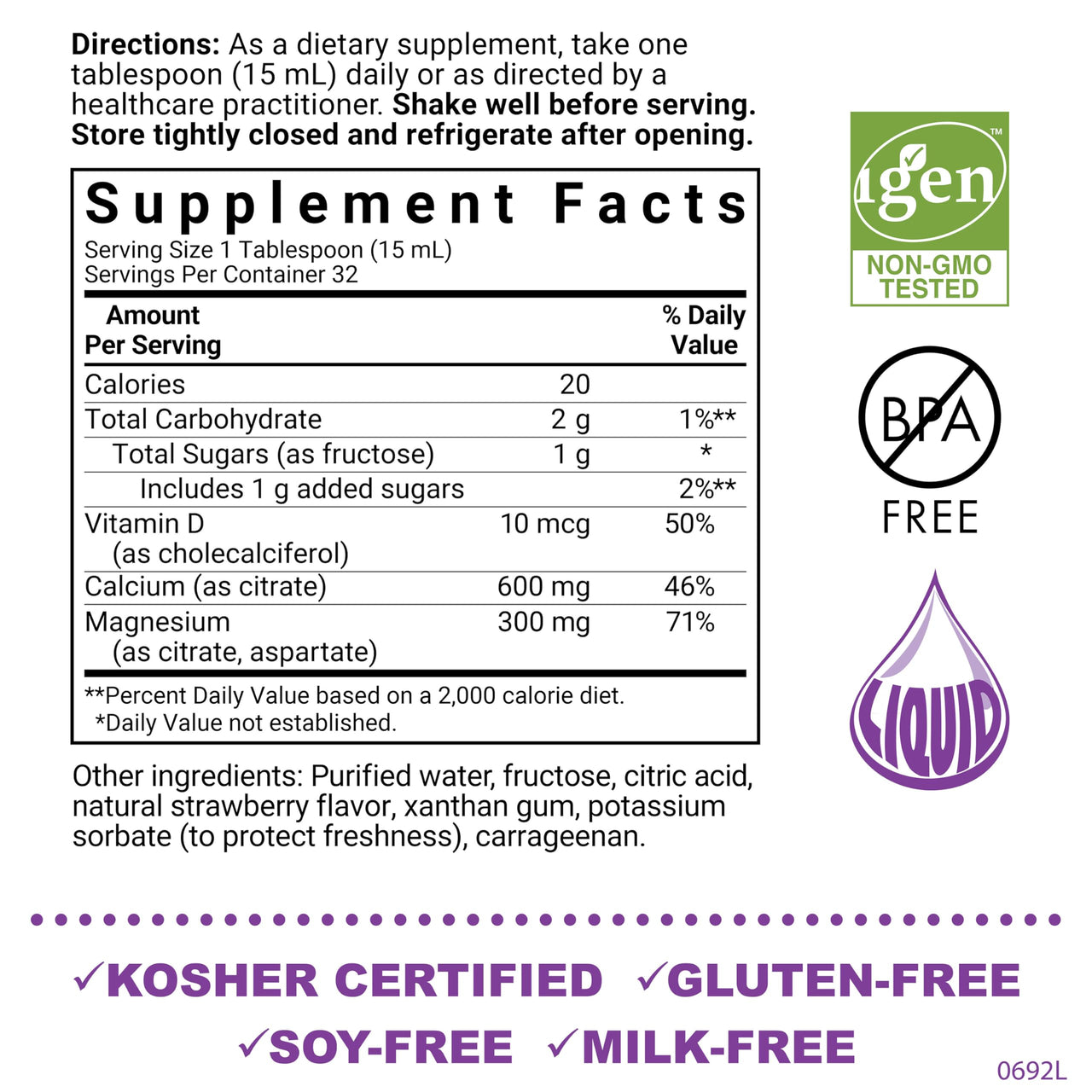 Bluebonnet Nutrition Liquid Calcium Citrate Calcium Citrate, Magnesium Citrate, Vitamin D3, Bone Health, Gluten Free, Soy Free, Milk Free, Kosher, 32 Servings, Strawberry Flavor, 16 Fl Oz (Pack of 1)