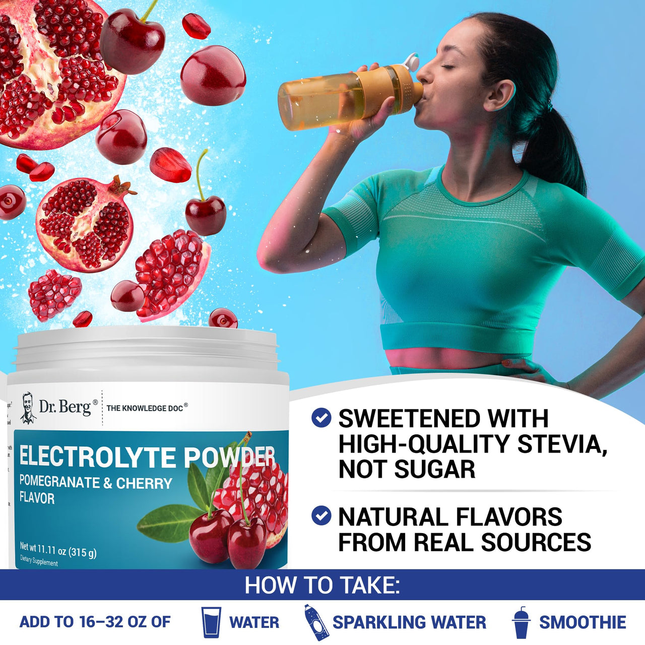 Dr. Berg Zero Sugar Hydration Keto Electrolyte Powder - Enhanced w/ 1000 mg of Potassium & Real Pink Himalayan Salt (NOT Table Salt) - Pomegranate and Cherry Hydration Drink Supplement - 50 Servings