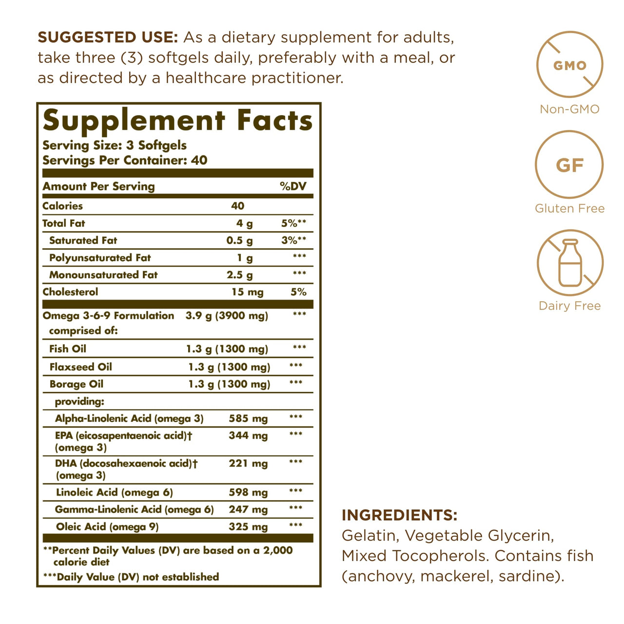 Solgar 1300 mg Omega 3-6-9, 120 Softgels (Pack of 3) - Fish Oil Supplement - Support for Joint & Skin Health - Includes Flaxseed & Borage - Contains EPA & DHA Omega 3 Fatty Acids - 120 Total Servings