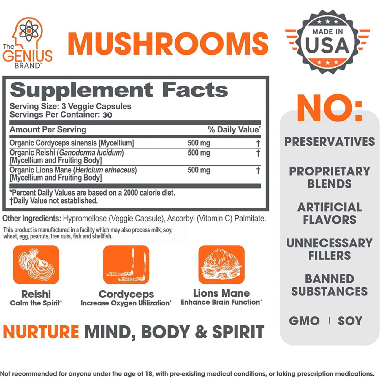 Genius Mushroom Supplement - Full-Spectrum Lion’s Mane, Cordyceps, Reishi -Daily Brain Nootropic for Energy, Focus, Memory & Overall Wellness - 90 Capsules – Organic for Mental Clarity & Performance