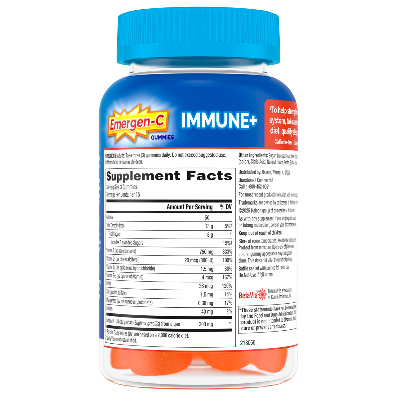 Emergen-C Immune+ Triple Action Immune Support Gummies, BetaVia (R), 1000mg Vitamin C, B Vitamins, Vitamin D and Antioxidants, Super Orange, Back to School Essentials - 45 Count