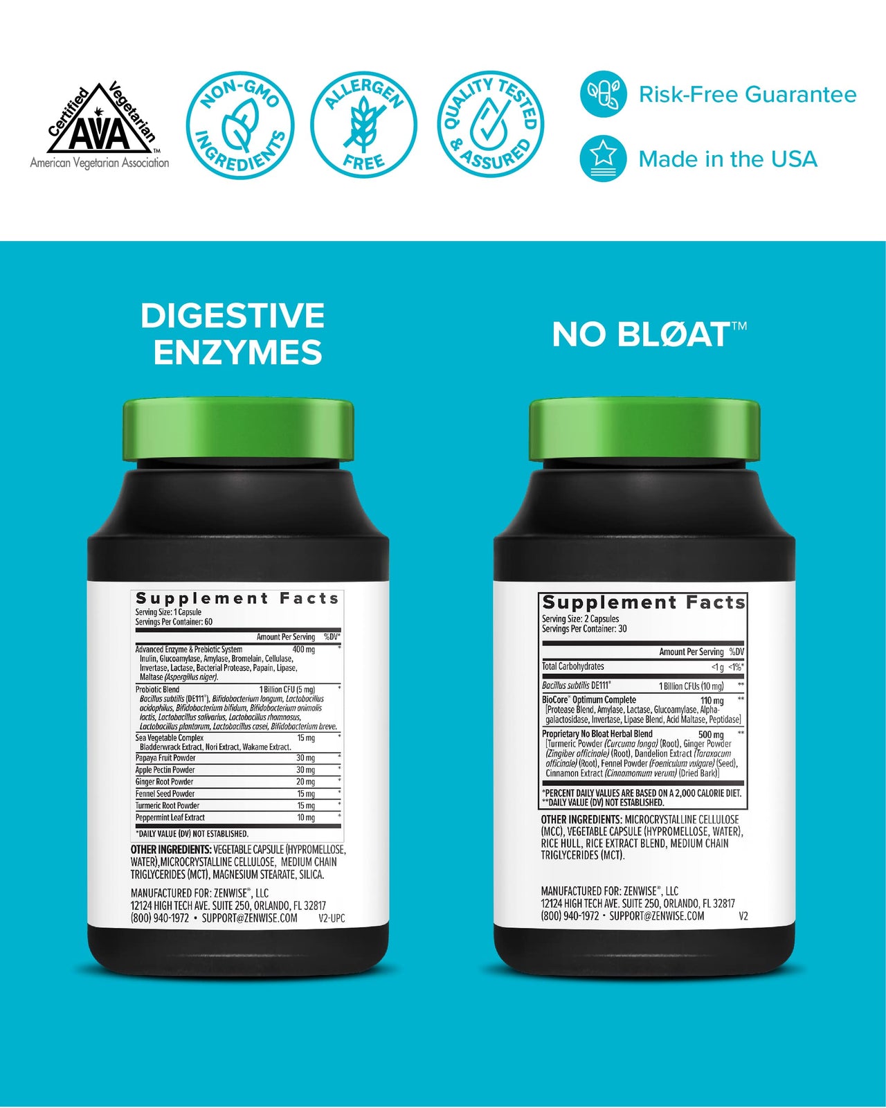 Zenwise Health Bliss Bundle Digestive Enzymes + No Bloat + Free Travel Tin - pre and Post Meal Digestive Routine with enzymes and probiotics for Digestion