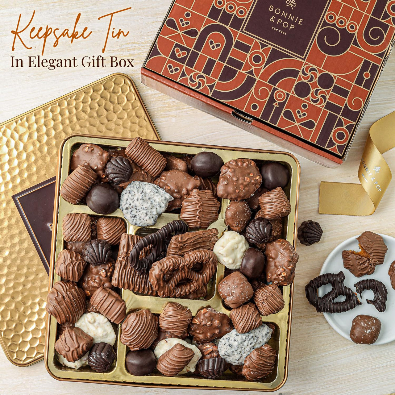 Chocolate Gift Basket, Gourmet Snack Food Box in Keepsake Tin, 2 lbs of Chocolate, Birthday, Sympathy, Family Parties & Get Well, Bonnie and Pop