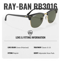 Thumbnail for Ray-Ban RB3016 CLUBMASTER CLASSIC POLARIZED Square Shaped Sunglasses for Men & Women – Includes Official Rayban Eyewear Kit – Ideal Formal & Casual Wear Sunglasses – G-15 Green Lens