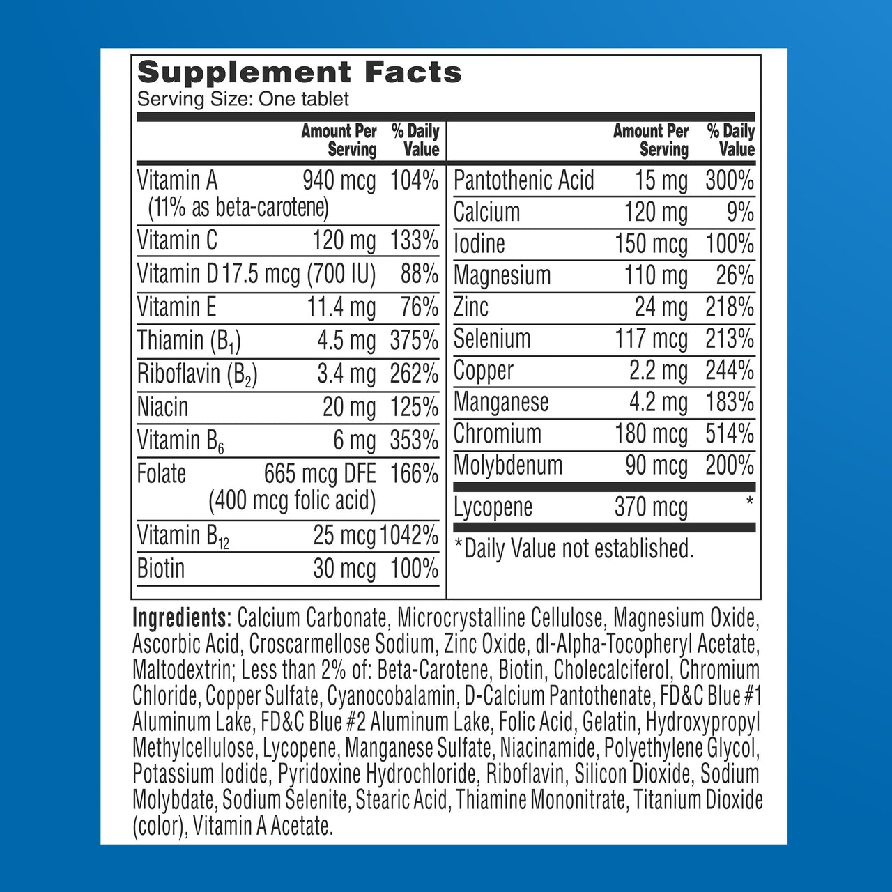 One A Day Men’s 50+ Multivitamins, Supplement with A, C, D, E and Zinc for Immune Health*, Calcium & More, 100 Tablets