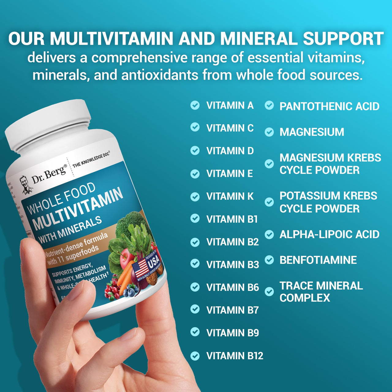 Dr. Berg Whole Food Multivitamin with Minerals - Daily Multivitamin for Men and Women - Includes Premium Whole Food Fruits and Vegetable Blend with Folate, Alpha-lipoic Acid and More - 60 Capsules