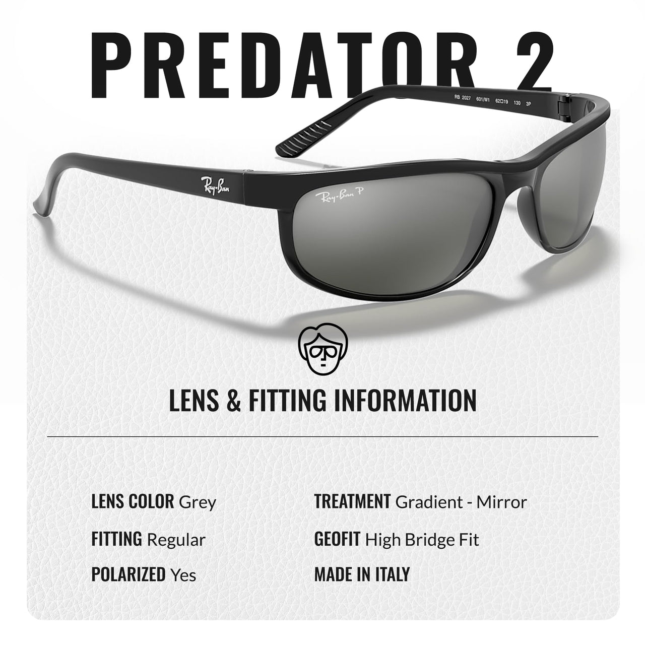 Ray-Ban RB2027 PREDATOR 2 POLARIZED Rectangle Shaped Sunglasses for Men & Women – Includes Official Rayban Eyewear Kit – Ideal Formal & Casual Wear Sunglasses – Grey Lens