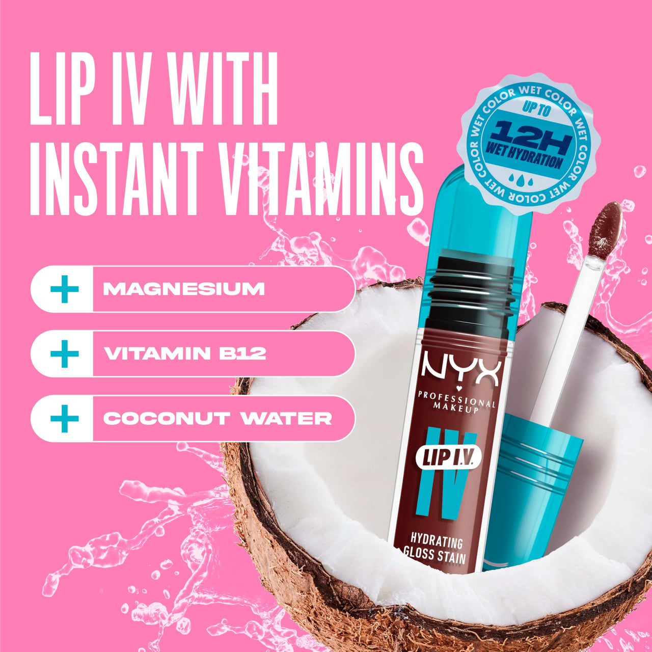 NYX PROFESSIONAL MAKEUP Lip IV Hydrating Glossy Lip Stain, Long-Lasting, Tinted, Vegan Formula with 12 HR Hydration - Mocha Me Wet (Brown)