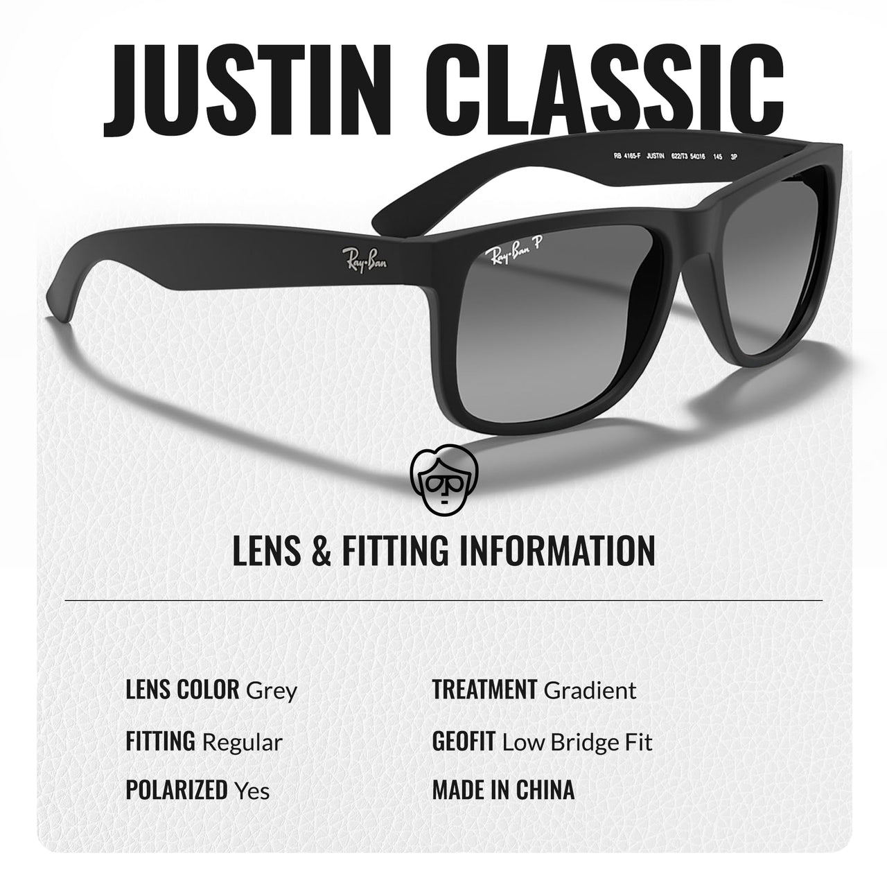 Ray-Ban RB4165 JUSTIN Polarized Square Shape Sunglasses With Eyewear Kit Bundle - Low Bridge Fit - Ideal Formal and Casual Wear Square Sunglasses