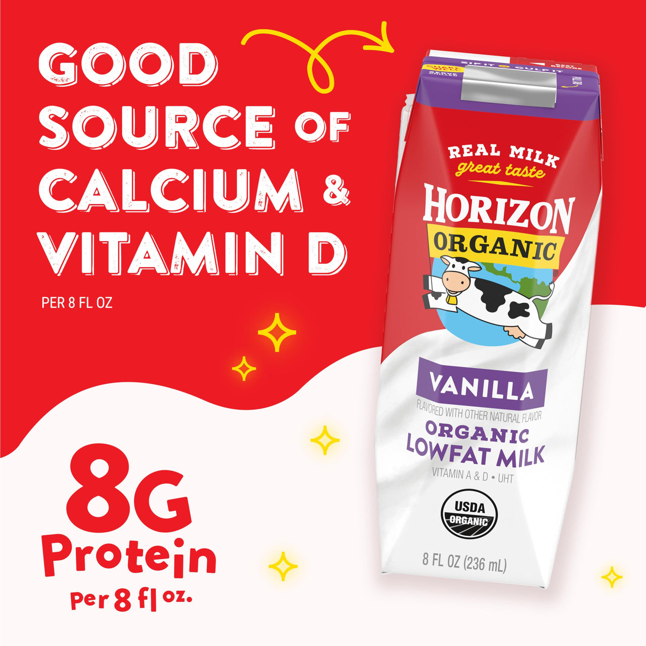 Horizon Organic Shelf Stable 1% Lowfat Vanilla Milk Boxes, 8 fl oz, 12 Count - 8g Protein per Serving, USDA Organic UHT from Pasture-Raised Cows, Ready to Drink for Lunchbox, Travel, or On-the-Go, No Refrigeration Needed